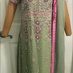 Georgette olive color with silver work